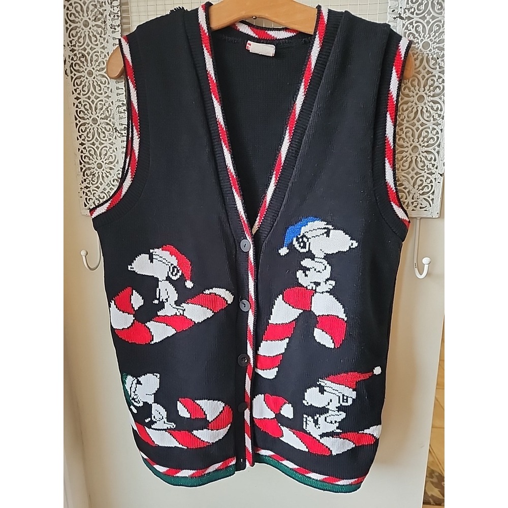 Vintage Peanuts Snoopy Sweater Vest Womens sz S Black Christmas Candy Cane 90s